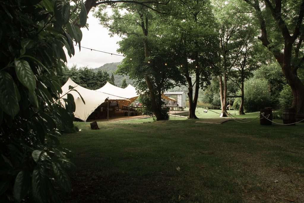Outdoor marquee with mountain landscape